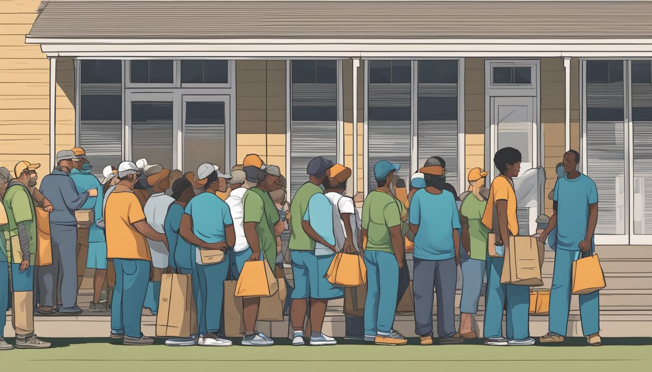 A line of people waits outside a food pantry in Limestone County, Texas. Volunteers distribute free groceries to those in need