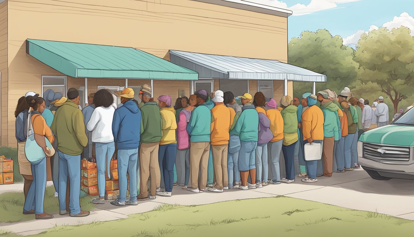 A line of people waiting outside a food pantry, with volunteers distributing free groceries in Ochiltree County, Texas