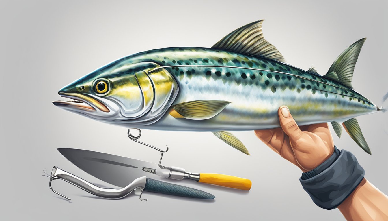 A person holding a fishing rod with a Spanish mackerel caught on the hook, surrounded by safety gear and a knife for cleaning the fish