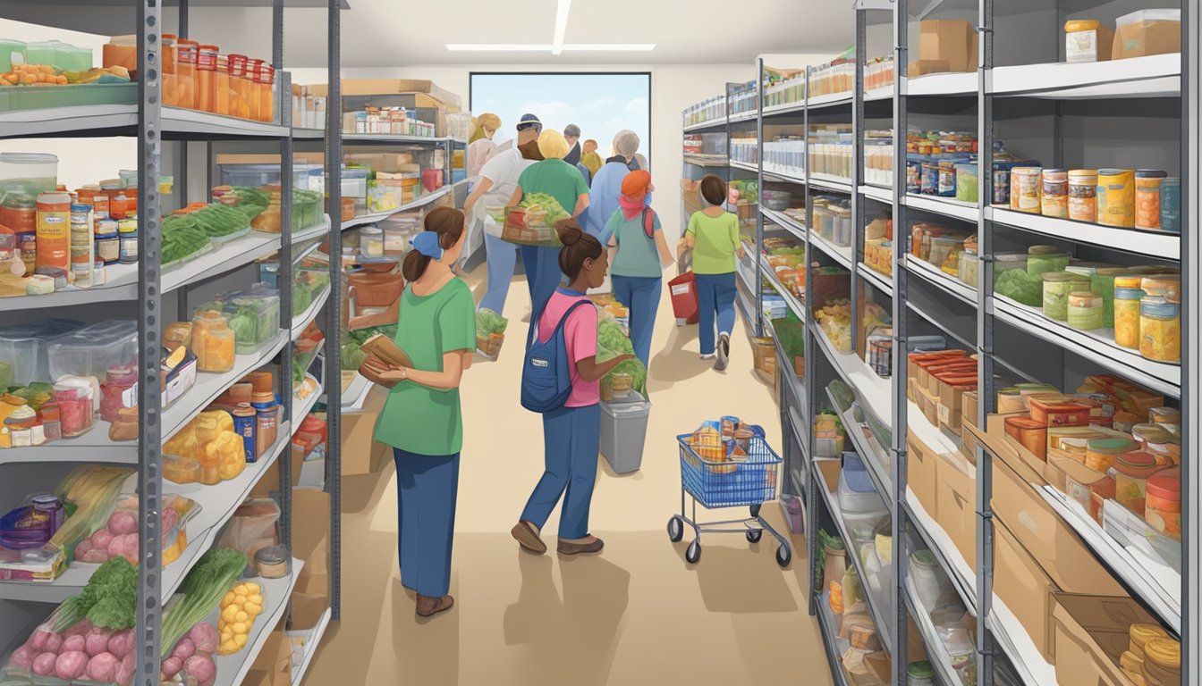 A bustling food pantry in Ochiltree County, Texas, with shelves stocked full of nutritious groceries and volunteers assisting those in need