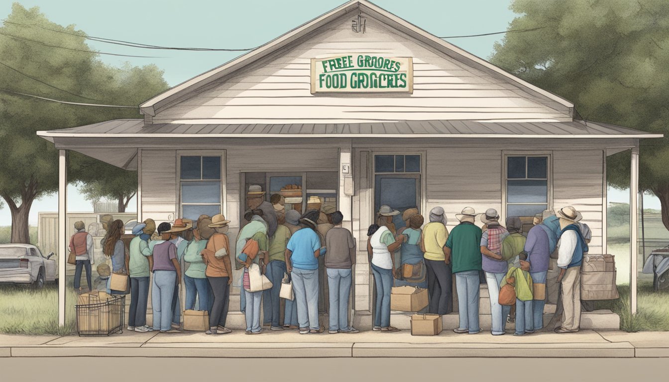 A line of people waits outside a food pantry in Ochiltree County, Texas. The building is marked with a sign reading "Free Groceries."