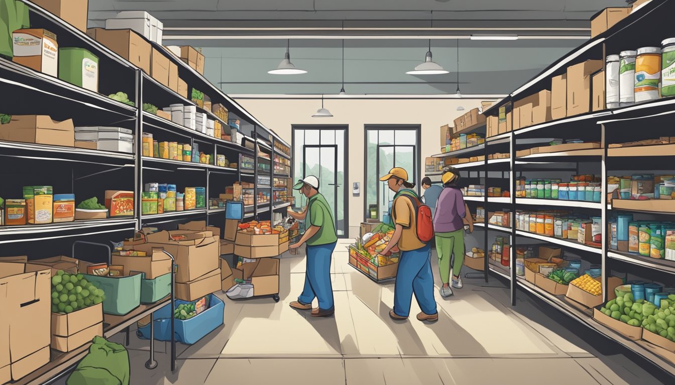 A bustling food pantry in Ochiltree County, Texas, with shelves stocked full of free groceries and volunteers assisting those in need