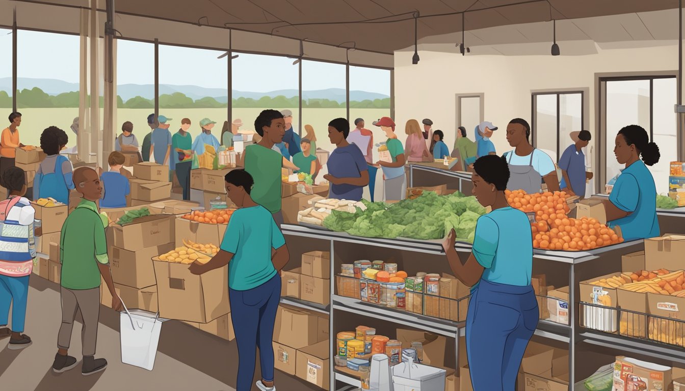 A bustling food pantry in Ochiltree County, Texas, with volunteers distributing free groceries to those in need