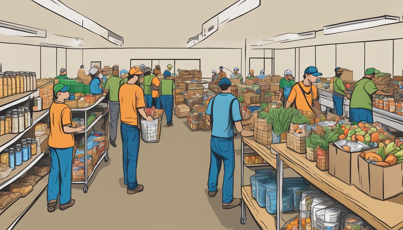 A bustling food pantry in Ochiltree County, Texas, with local industry workers donating and distributing free groceries to those in need