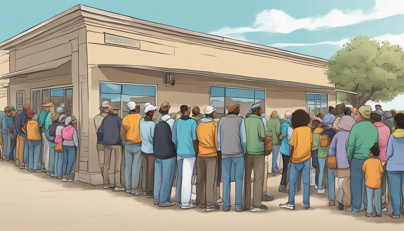 A line of people waiting outside a food pantry in Llano County, Texas. Volunteers distribute free groceries to those in need