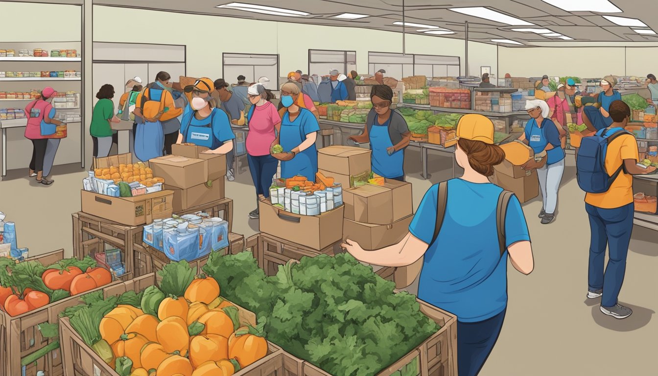 A bustling food pantry in Llano County, Texas, with volunteers distributing free groceries to those in need