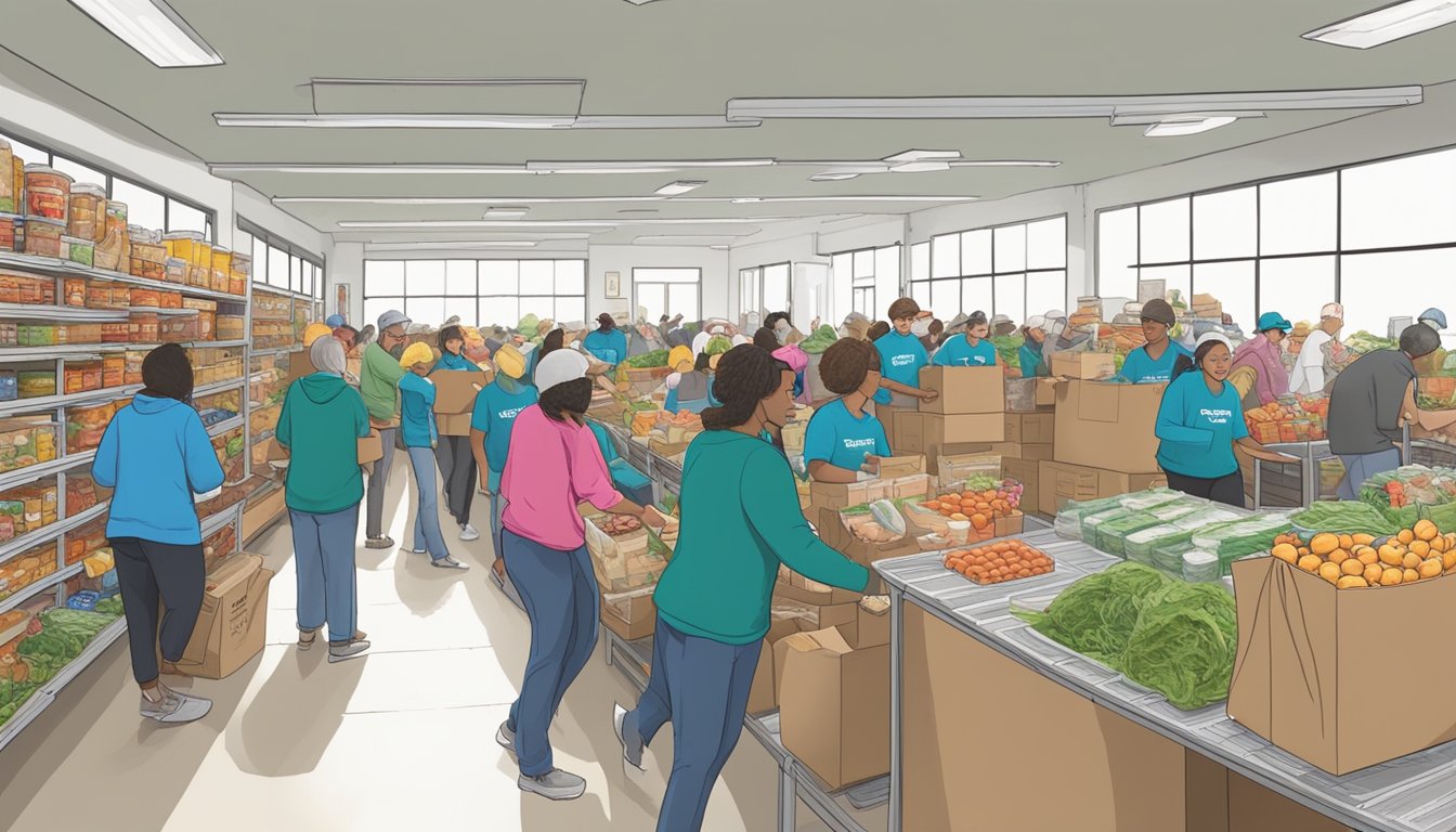 A bustling food pantry in Parker County, Texas, with volunteers distributing free groceries to those in need