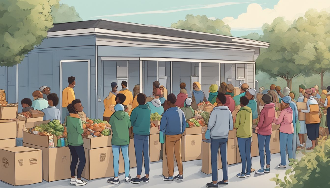 A line of people waits outside a food pantry, surrounded by boxes of donated groceries and volunteers distributing food