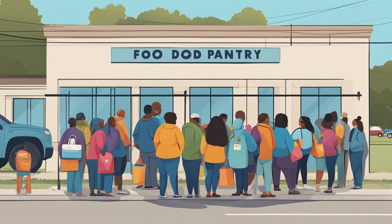 A line of people waits outside a food pantry in Panola County, Texas. Volunteers distribute free groceries to those in need