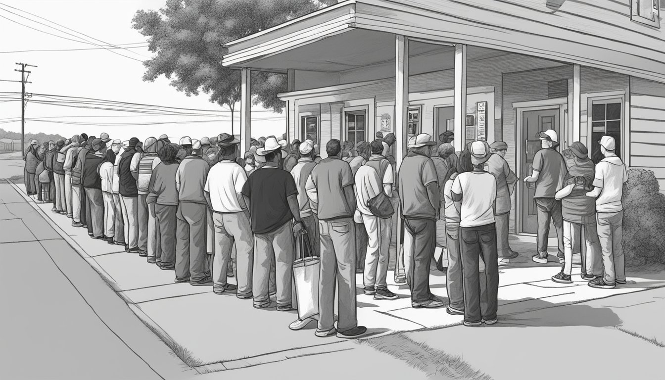 A line of people wait outside a food pantry in Parker County, Texas. Volunteers hand out free groceries to those in need