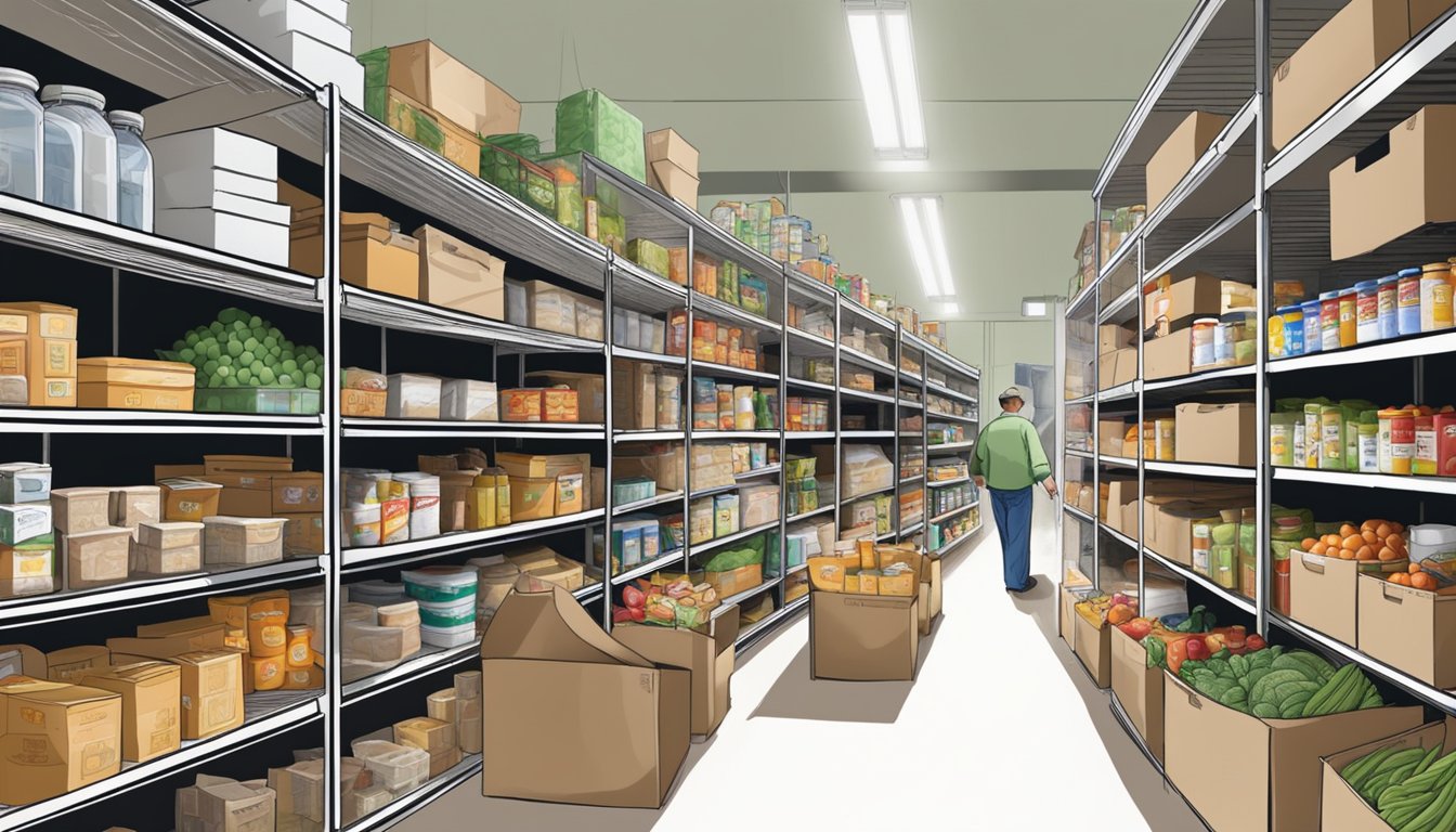 A bustling food pantry in Llano County, Texas, with shelves stocked full of groceries and volunteers assisting those in need