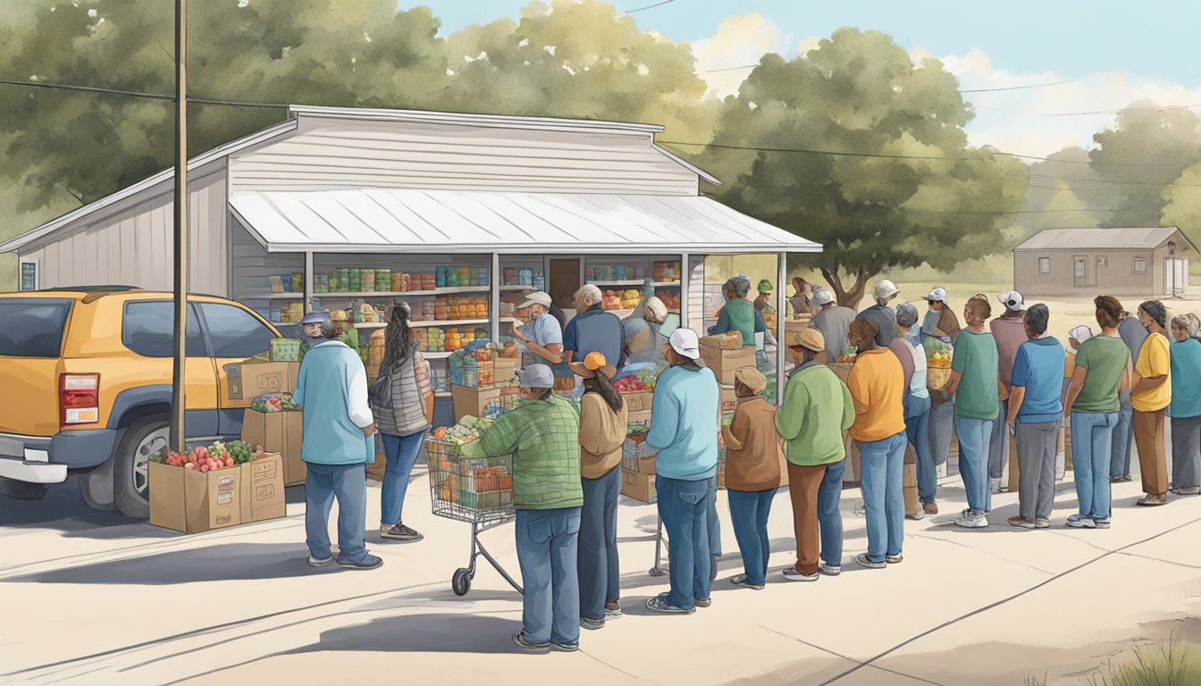 A line of people wait outside a food pantry in Llano County, Texas, with volunteers distributing free groceries to those in need