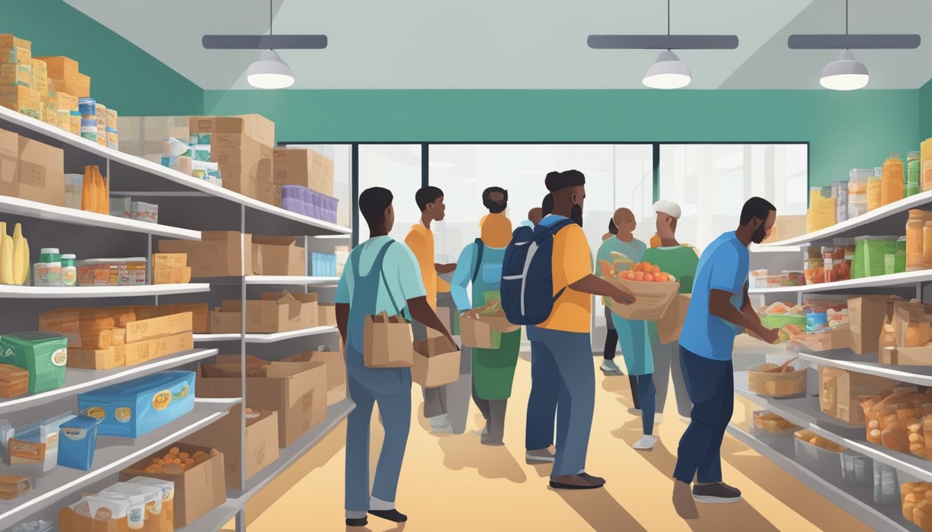 A bustling food pantry in Parker County, Texas, with volunteers distributing free groceries to those in need