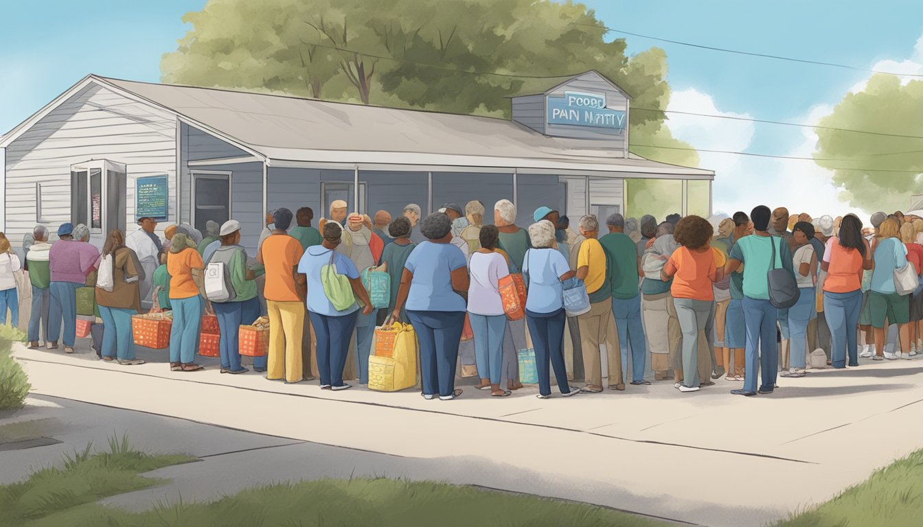 A line of people wait outside a food pantry in Panola County, Texas, as volunteers distribute free groceries and food assistance services to those in need