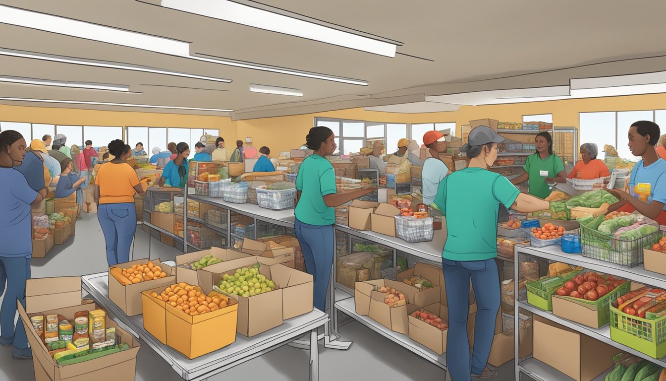 A bustling food pantry in Llano County, Texas, with volunteers distributing free groceries to those in need