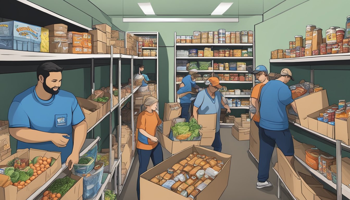 A bustling food pantry in Parker County, Texas, with volunteers distributing free groceries to those in need