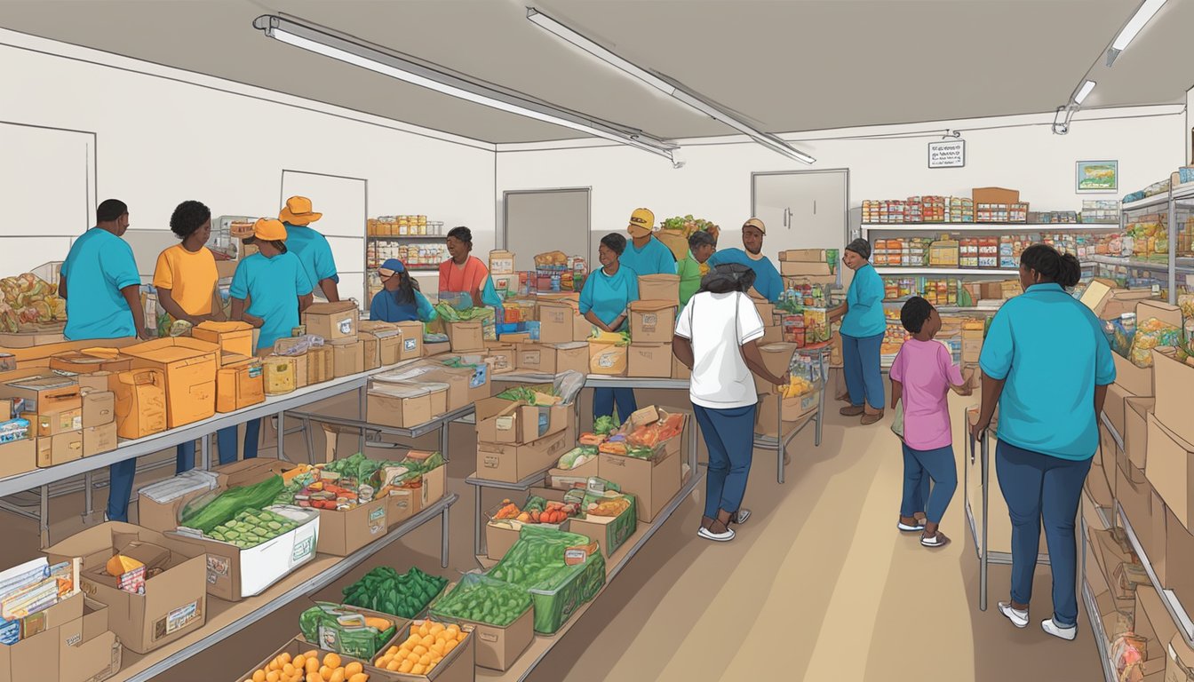 A bustling food pantry in Llano County, Texas, with volunteers distributing free groceries to those in need