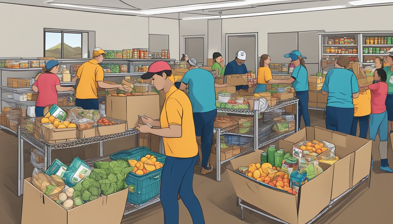 A bustling food pantry in Llano County, Texas, with volunteers distributing free groceries to those in need