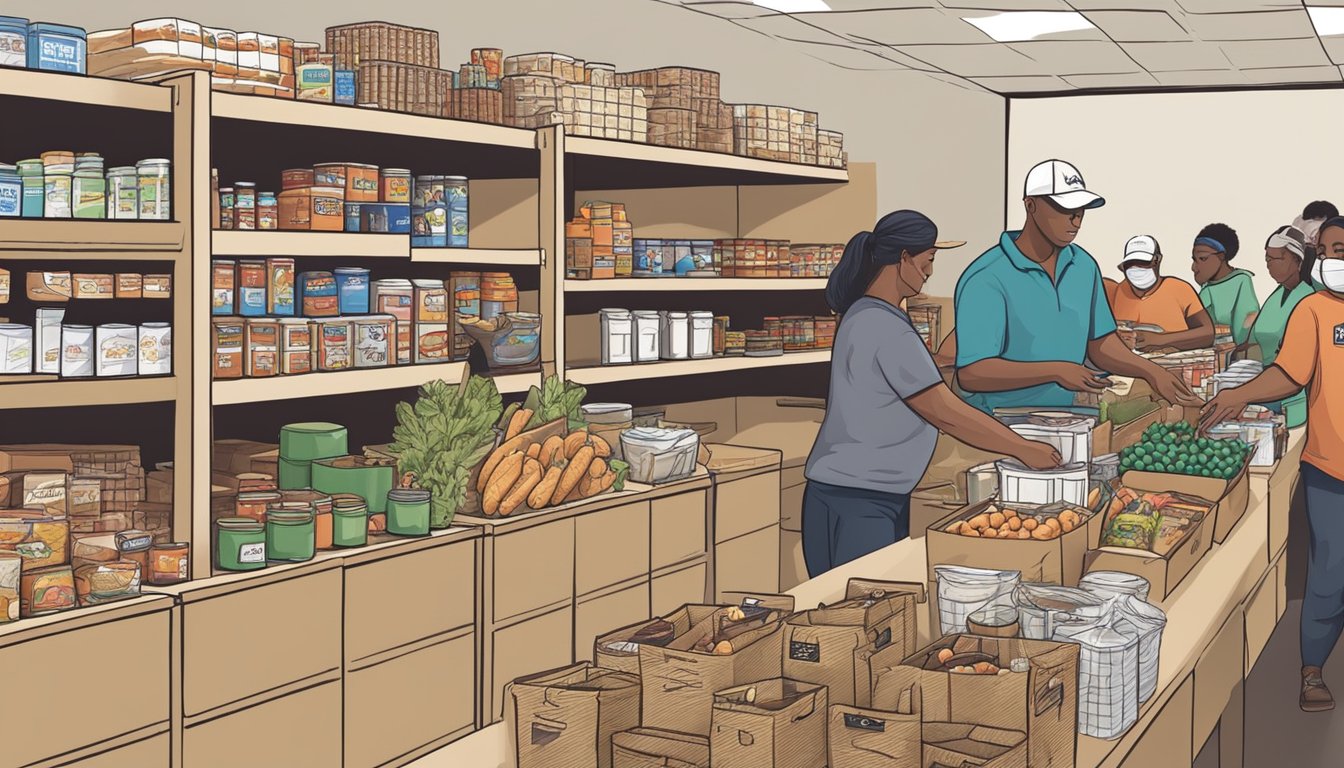 A bustling food pantry in Panola County, Texas, with volunteers distributing free groceries to individuals with specialized needs