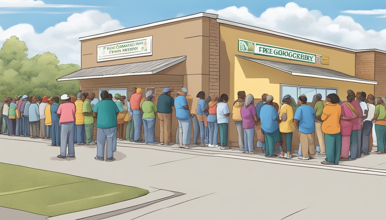 People lining up for free groceries at a food pantry in Panola County, Texas