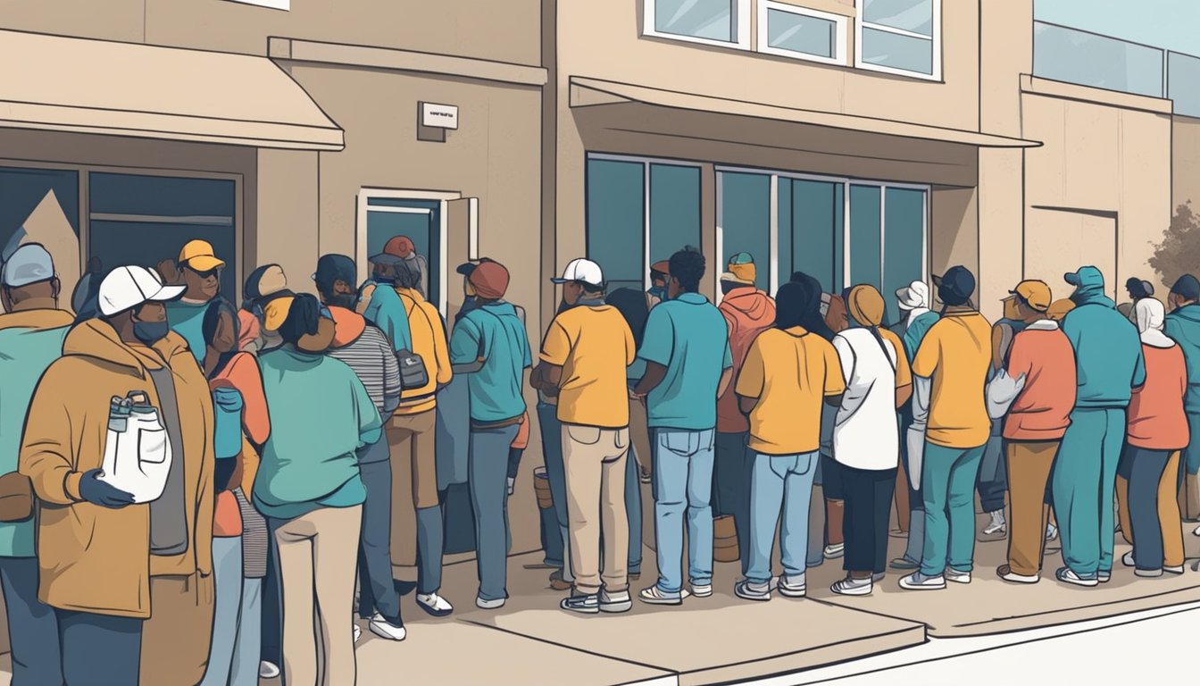 A line of people waits outside a food pantry in Polk County, Texas. Volunteers distribute free groceries to those in need