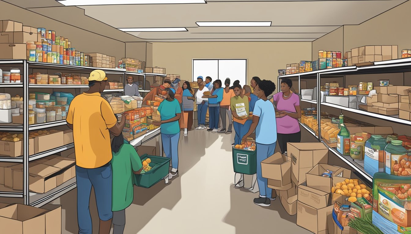 A bustling food pantry in Polk County, Texas, with volunteers distributing free groceries to those in need