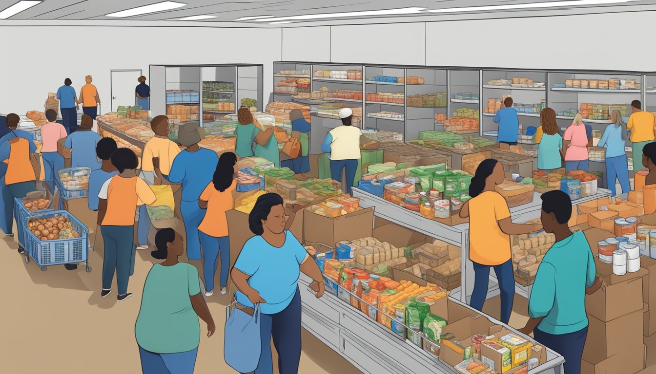 A bustling food pantry in Lynn County, Texas, with volunteers distributing free groceries to those in need