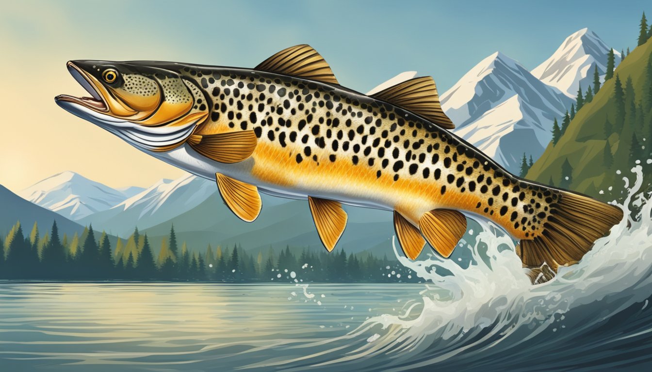 A tiger trout leaping out of the water, caught on a fishing line, with a picturesque mountain backdrop