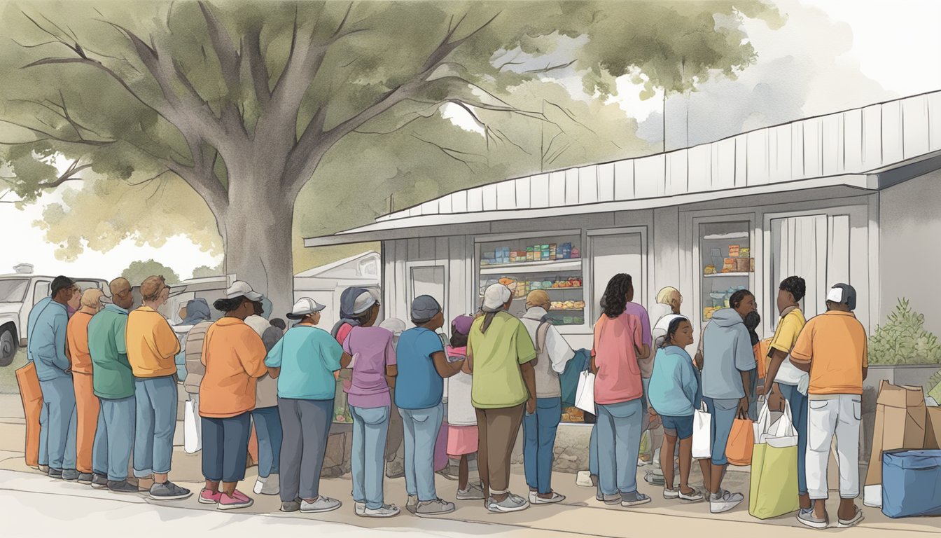 A line of people waits outside a small food pantry in Lynn County, Texas. Volunteers hand out bags of groceries to those in need