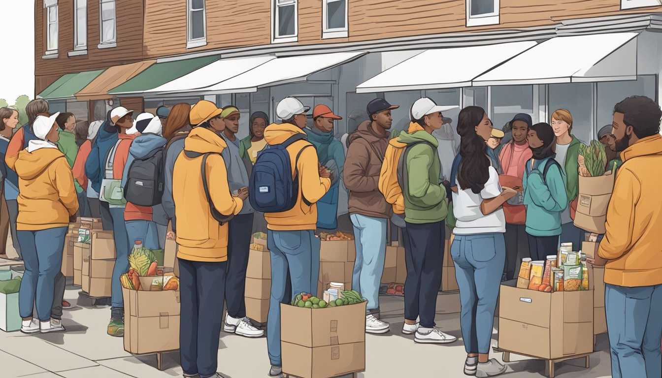 A line of people waiting outside a food pantry, with volunteers handing out groceries and supplies