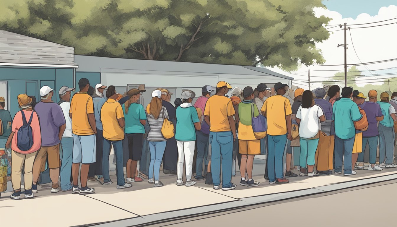 A line of people wait outside a food pantry in Lynn County, Texas, as volunteers hand out free groceries to those in need