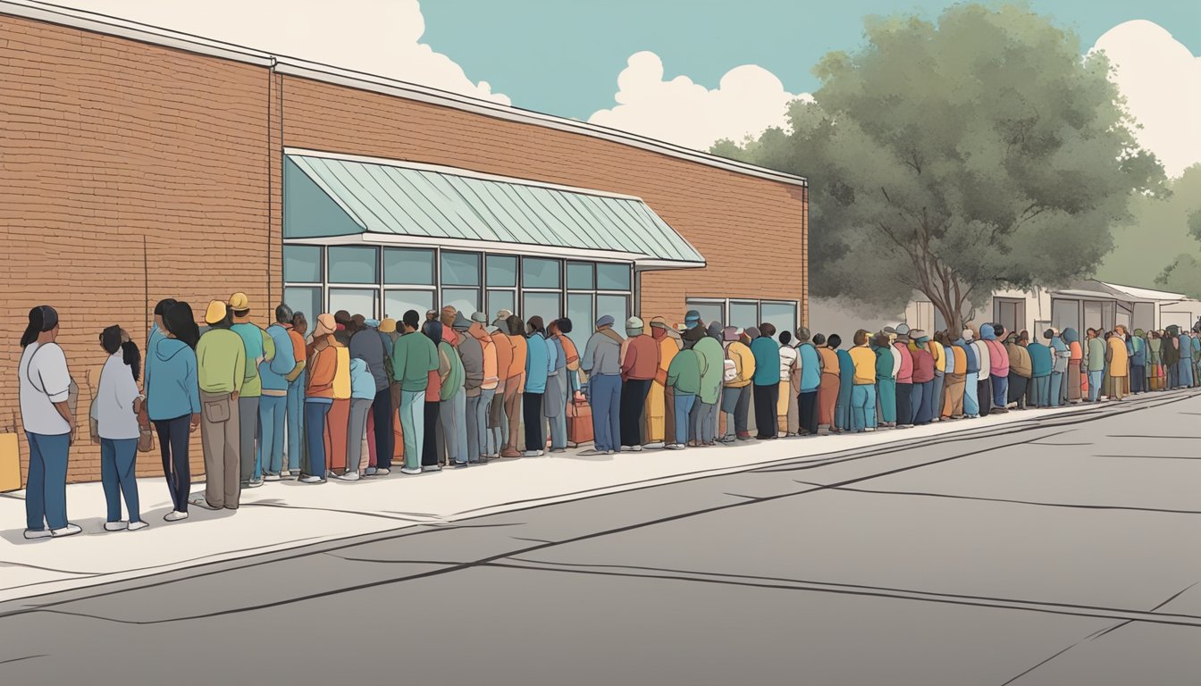 A line of people waiting outside a food pantry in Pecos County, Texas. Volunteers distribute free groceries to those in need