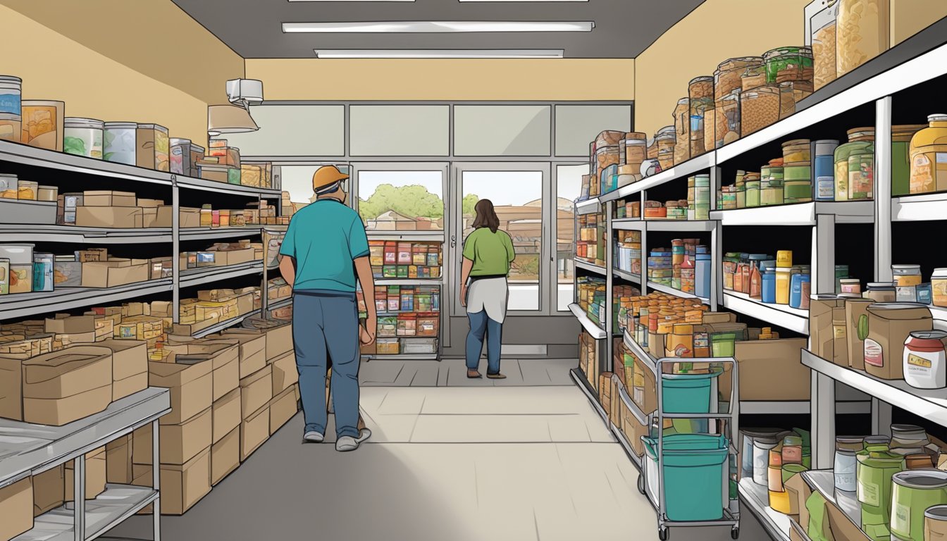 A bustling food pantry in Pecos County, Texas, with volunteers assisting clients and shelves stocked with free groceries and food items