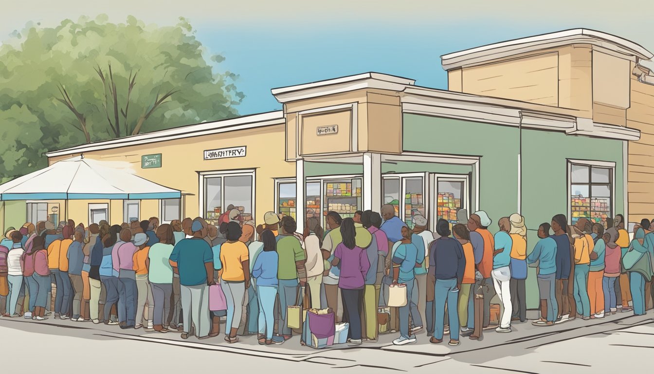 People lining up outside a food pantry in Polk County, Texas, receiving free groceries and specialized food assistance