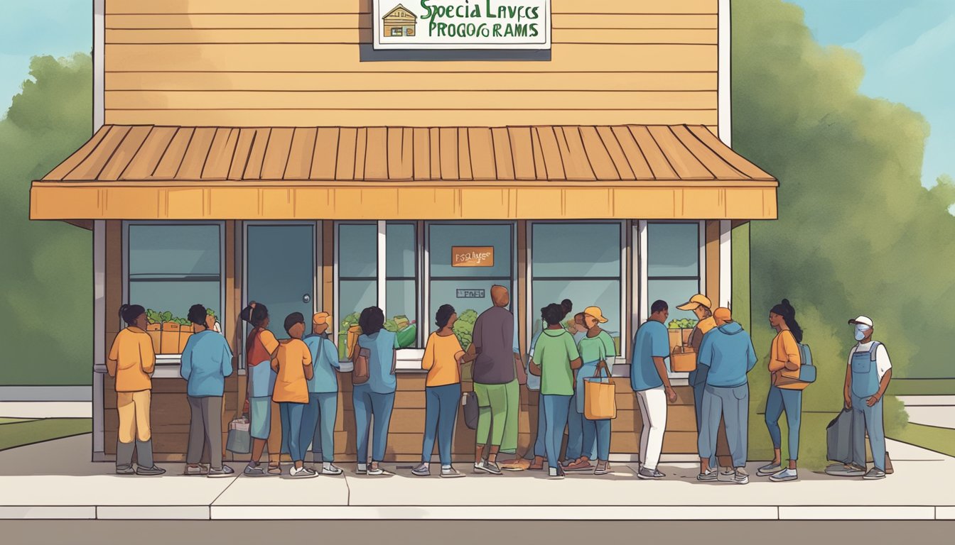 A line of people wait outside a small building with a sign that reads "Special Services and Programs - Lynn County Texas." Volunteers hand out free groceries and food to those in need