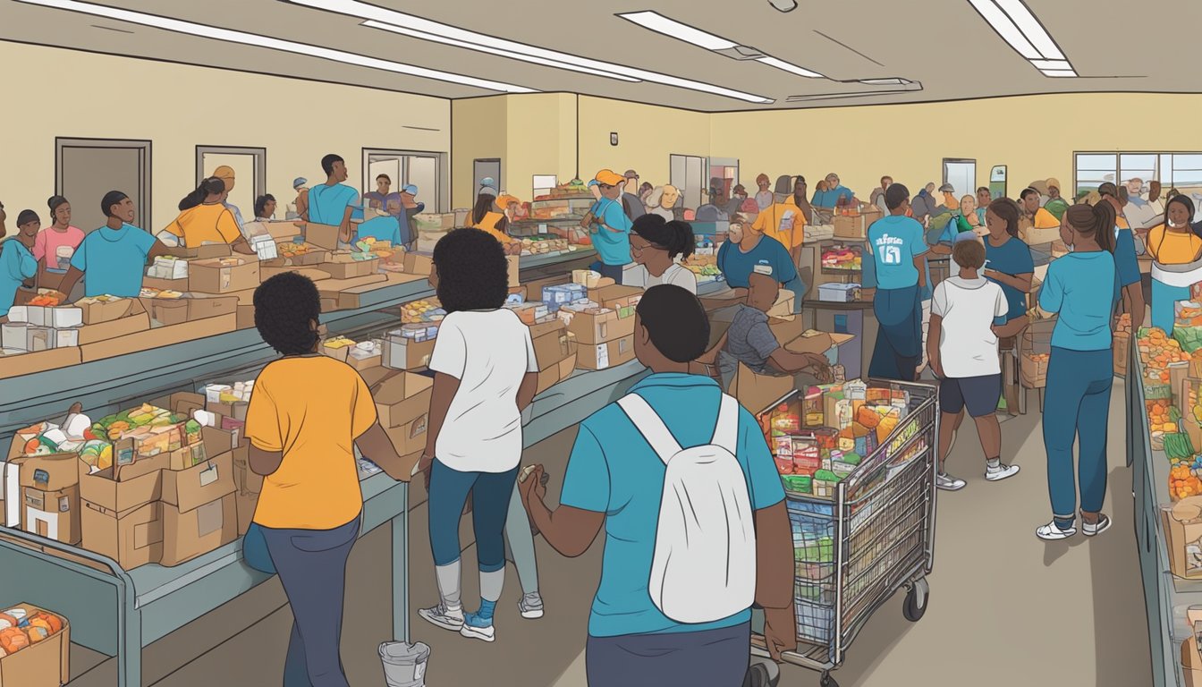 A bustling food pantry in Polk County, Texas, with volunteers distributing free groceries to those in need