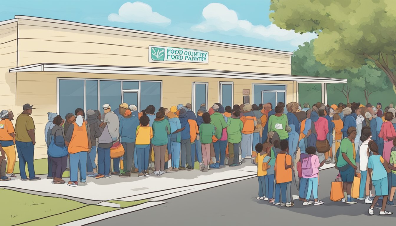 A line of people wait outside a food pantry in Polk County, Texas, as volunteers distribute free groceries to those in need