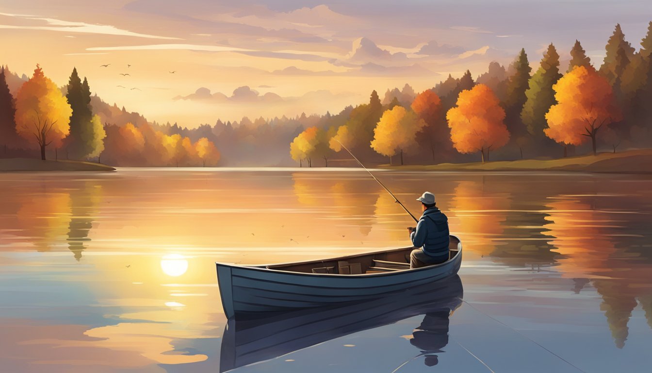 A serene lake with a lone fishing boat, surrounded by trees in full autumn colors. A fisherman reels in a white perch as the sun sets