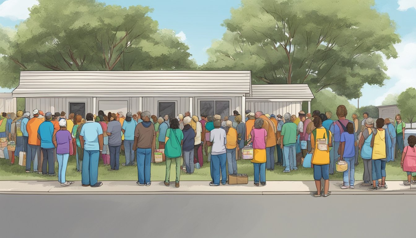 A line of people waits outside a food pantry in Martin County, Texas, as volunteers hand out free groceries to those in need