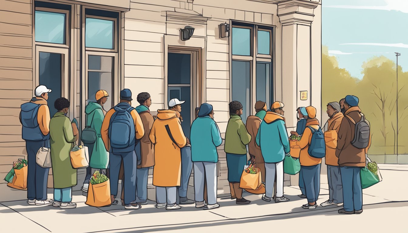 A line of people waits outside a small building, where volunteers hand out bags of groceries and food items