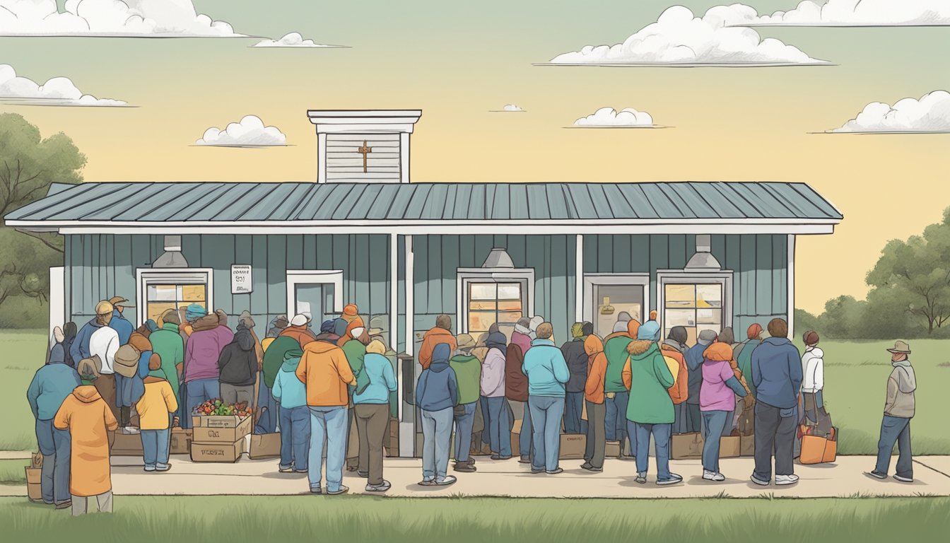 A line of people waits outside a small food pantry in Rains County, Texas. Volunteers hand out bags of groceries to those in need