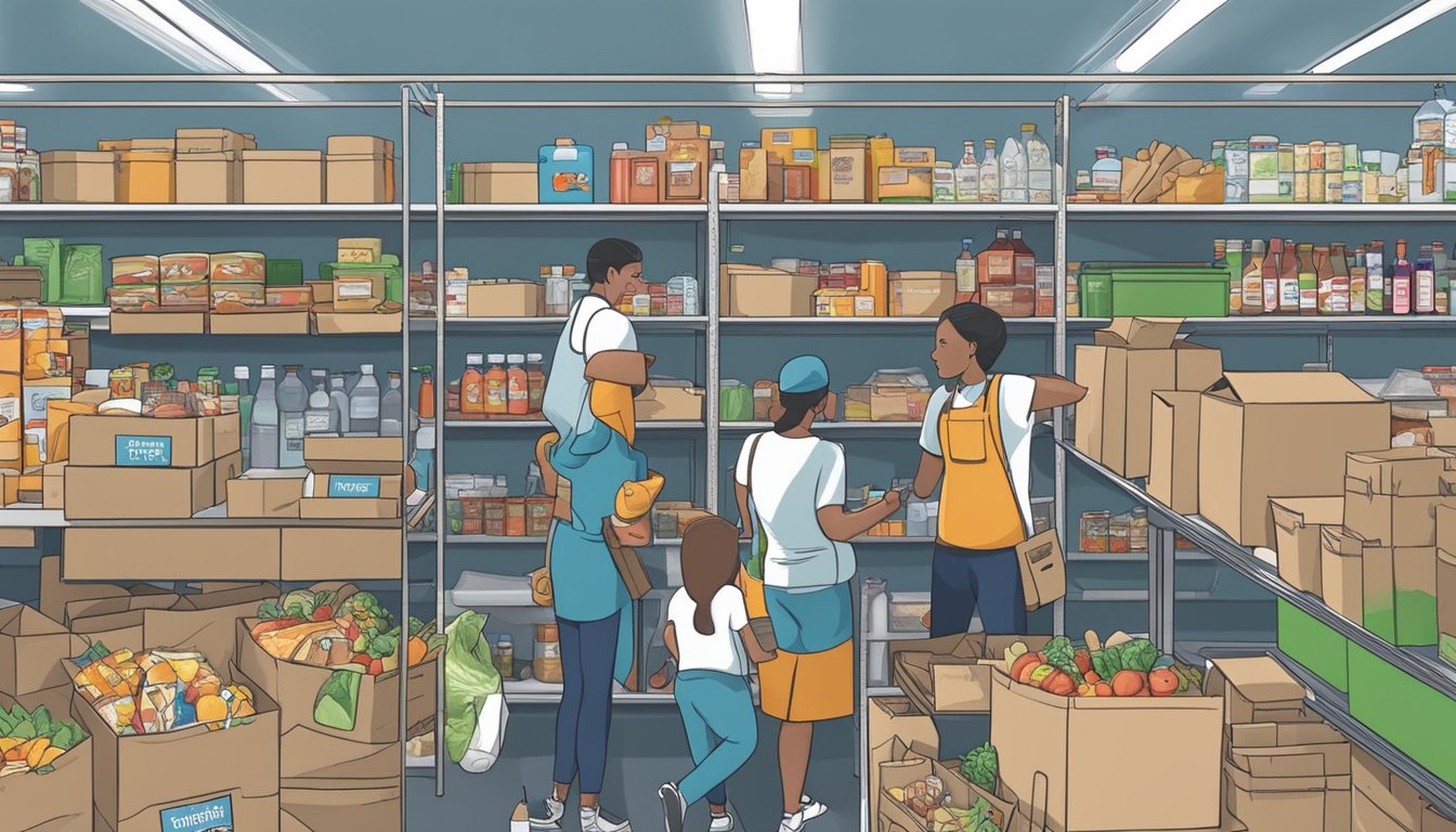 A bustling food pantry in Martin County, Texas, filled with shelves of free groceries and volunteers assisting those in need