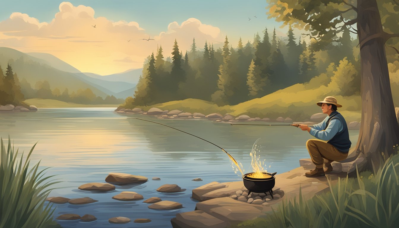 A serene riverbank with a fisherman casting a line, a brown trout leaping from the water, and a fire pit with a cooking pot