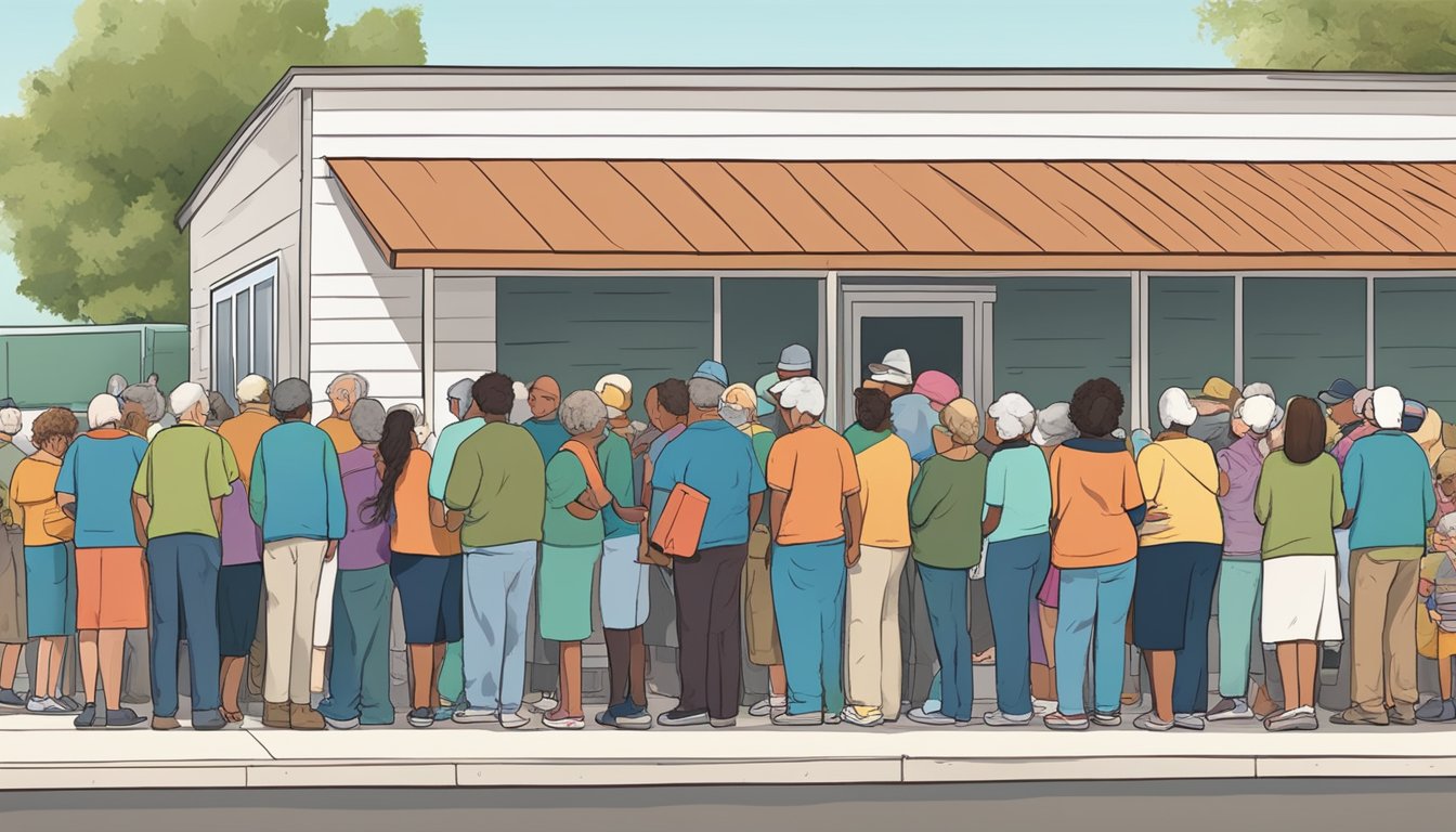 A line of people waiting outside a food pantry in Martin County, Texas, with volunteers distributing free groceries to seniors and vulnerable groups