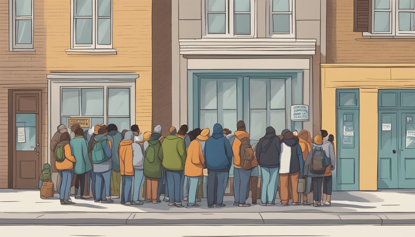 A line of people waiting outside a food pantry, under a sign that reads "Emergency Food Programs - Free Groceries."