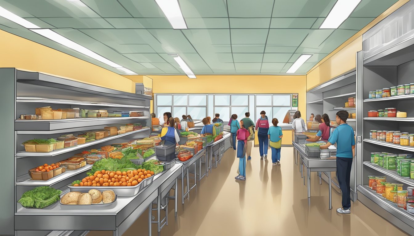 A bustling school cafeteria with shelves stocked full of free groceries and food pantries for those in need in Martin County, Texas