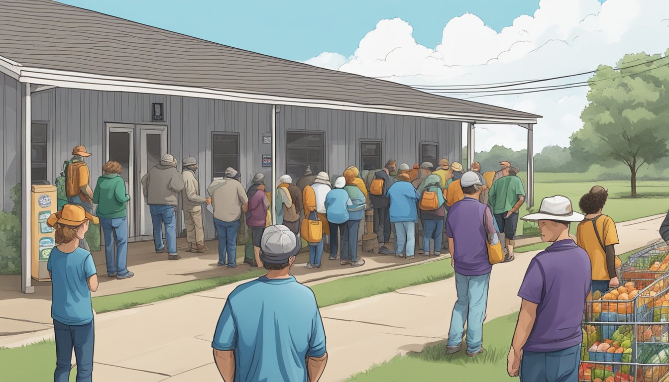 A line of people waits outside a food pantry in Rains County, Texas. Volunteers hand out free groceries to those in need