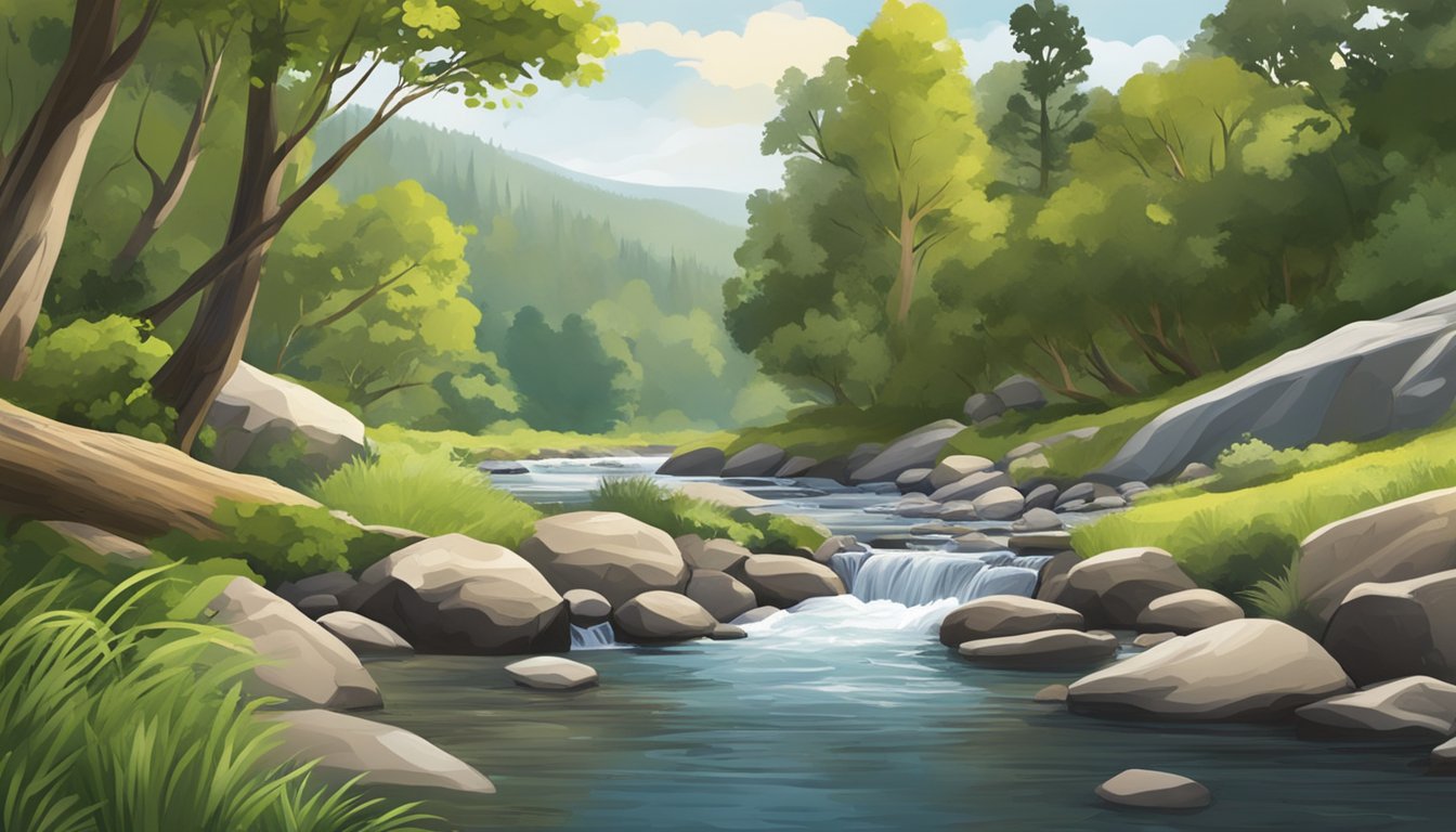 A serene riverbank with lush greenery, a clear stream, and a rocky riverbed, where brown trout leap from the water