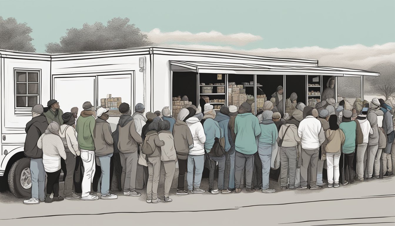 A line of people wait outside a mobile pantry, receiving free groceries and food from outreach initiatives in Martin County, Texas