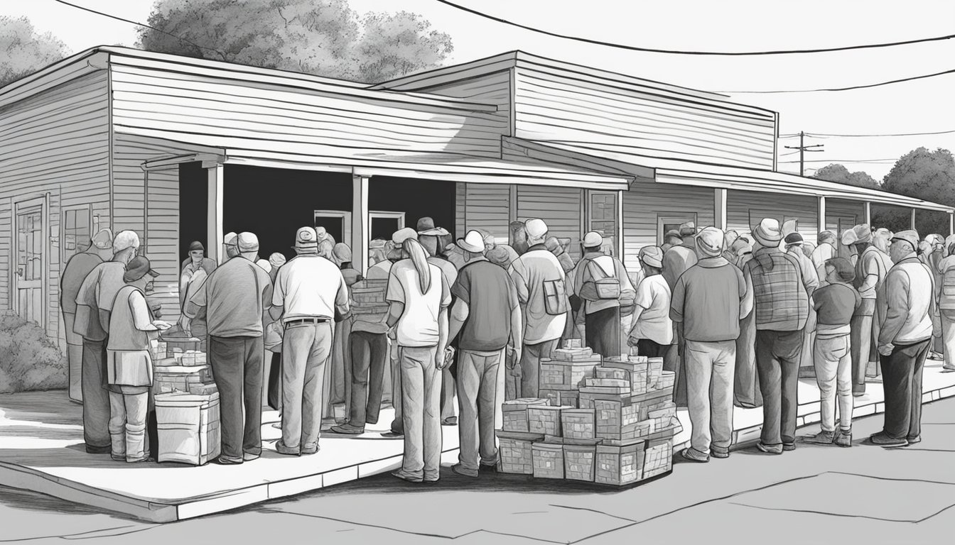 A line of people waits outside a food pantry in Martin County, Texas. Volunteers hand out groceries and supplies to those in need